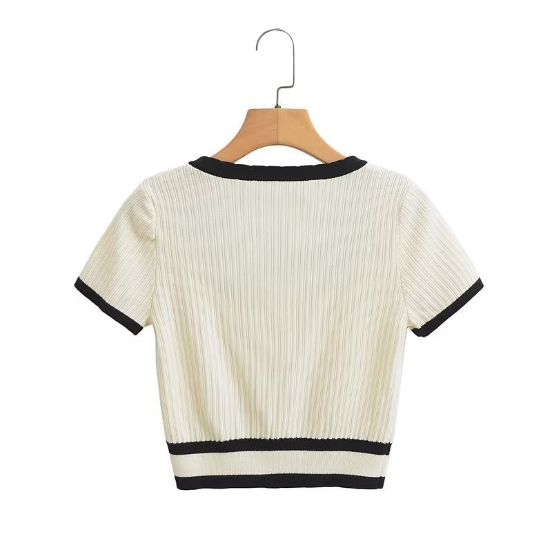 New Tight U Neck Short Sleeve Thin Knitted Cardigan T Shirt