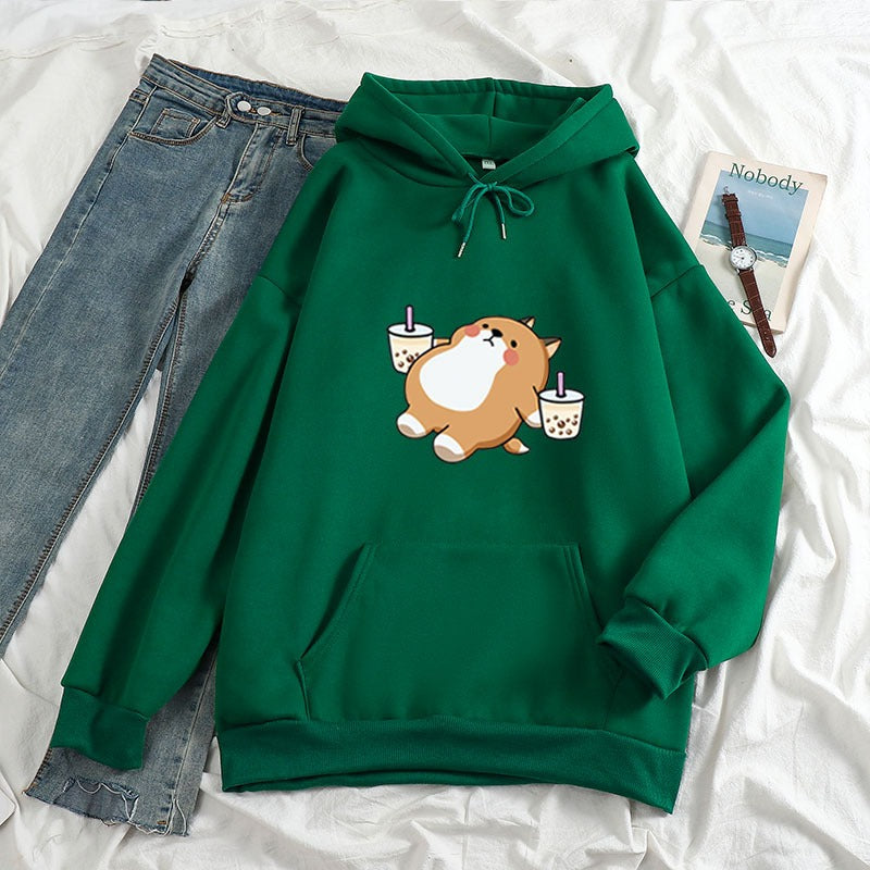 New Loose Women's Clothing Drink Milk Tea Shiba Inu Hooded Sweatshirt Sweatshirt