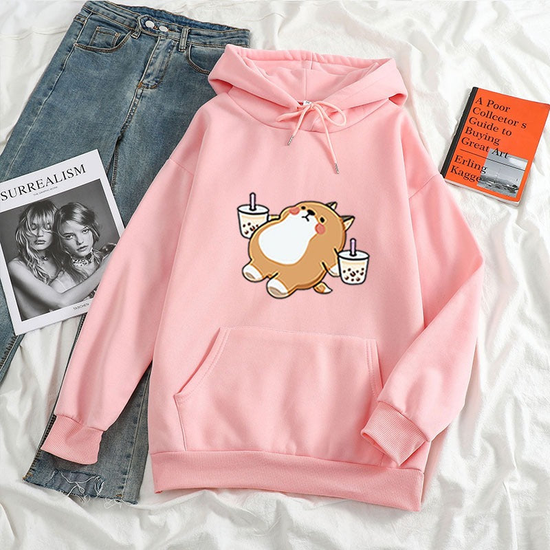 New Loose Women's Clothing Drink Milk Tea Shiba Inu Hooded Sweatshirt Sweatshirt