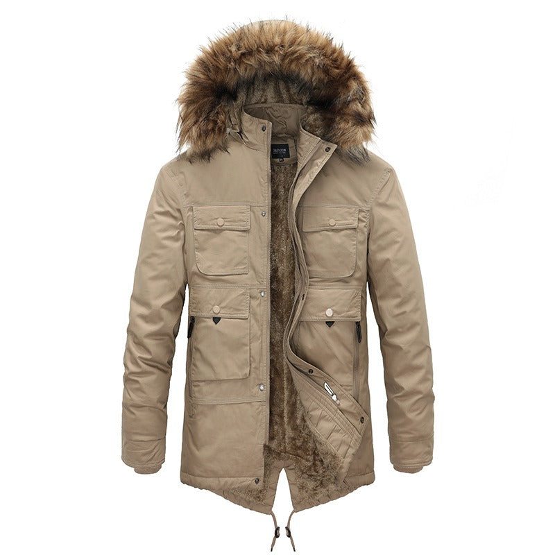 New Winter Coat Men's Plush Medium Length Cotton Coat Thickened Cotton Padded Warm Coat