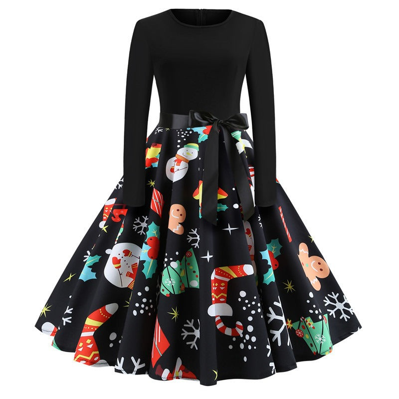 Christmas Vintage Round Neck Print Long Sleeve Swing Dress