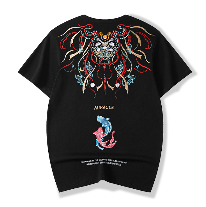 Chaopai style Koi Embroidery Cotton Short sleeved T Shirt Men l