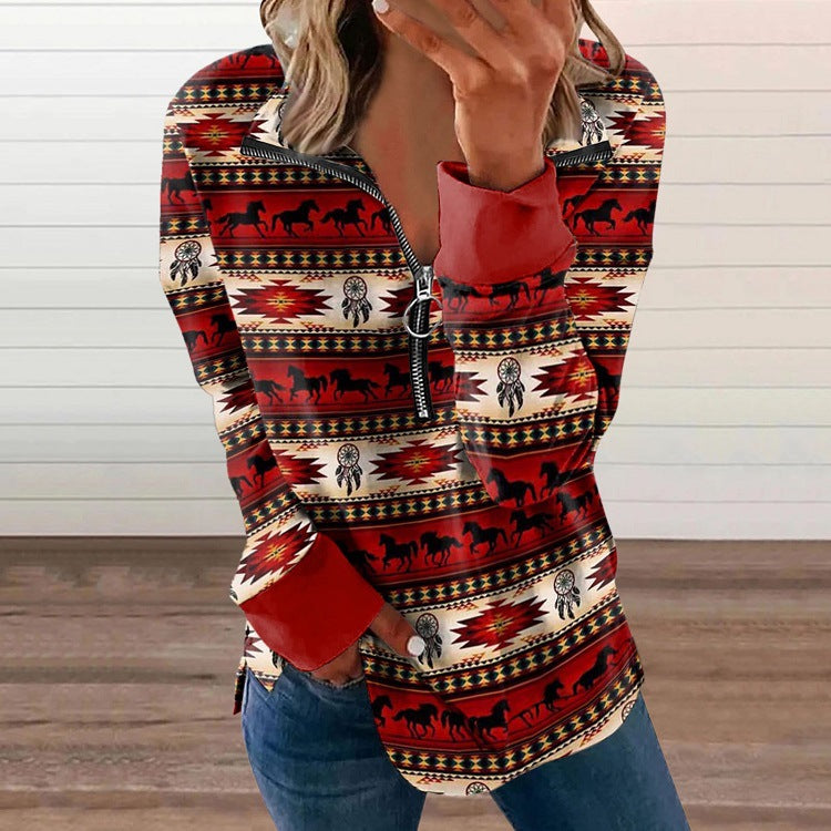 Loose Western Style 3D Round Neck Pullover Long Sleeve T Shirt For Women