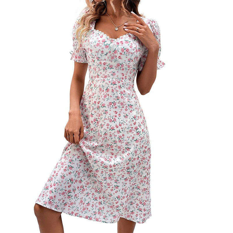 Novedad de verano, vestido Floral de manga de hoja de loto con temperamento delgado para mujer a la moda