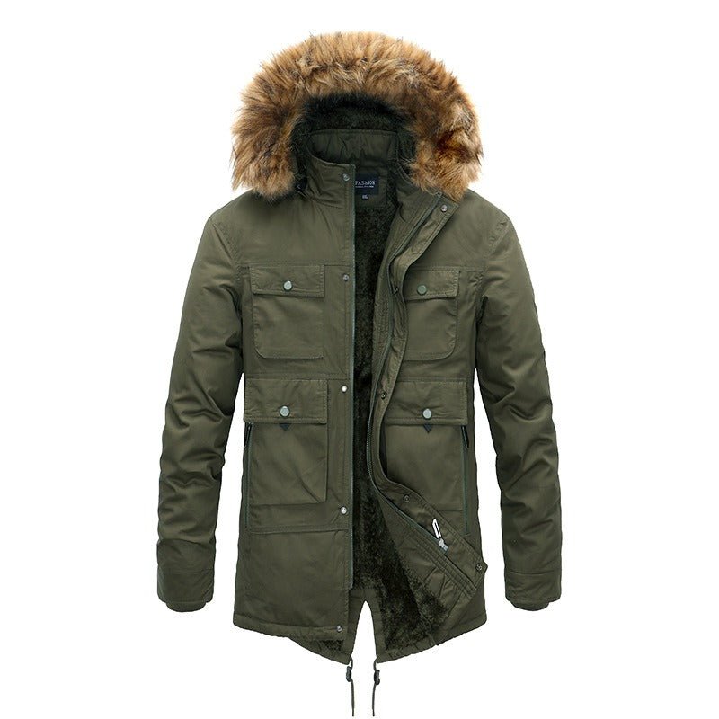 New Winter Coat Men's Plush Medium Length Cotton Coat Thickened Cotton Padded Warm Coat