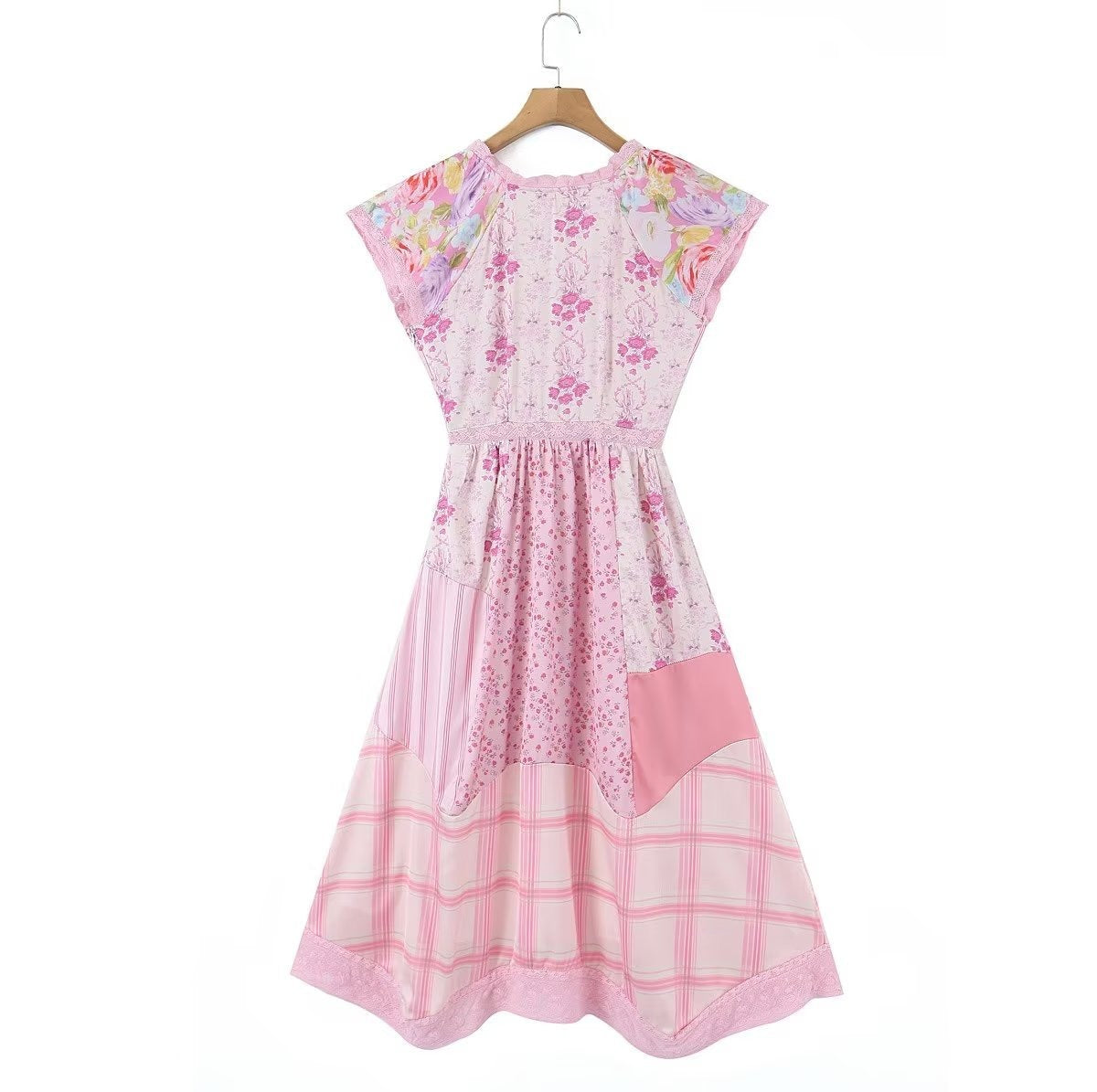 Vestido elegante con cuello en V, manga corta, cintura estampada, línea A para mujer