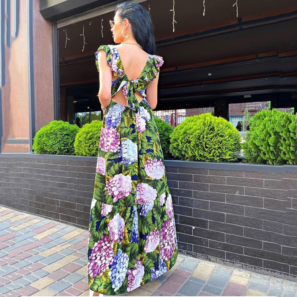 New Spring And Summer Sexy Women Dress Green Flower Dress Sleeveless Backless Dress