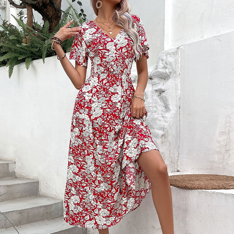 Vestido de temperamento con estampado rojo para mujer de moda