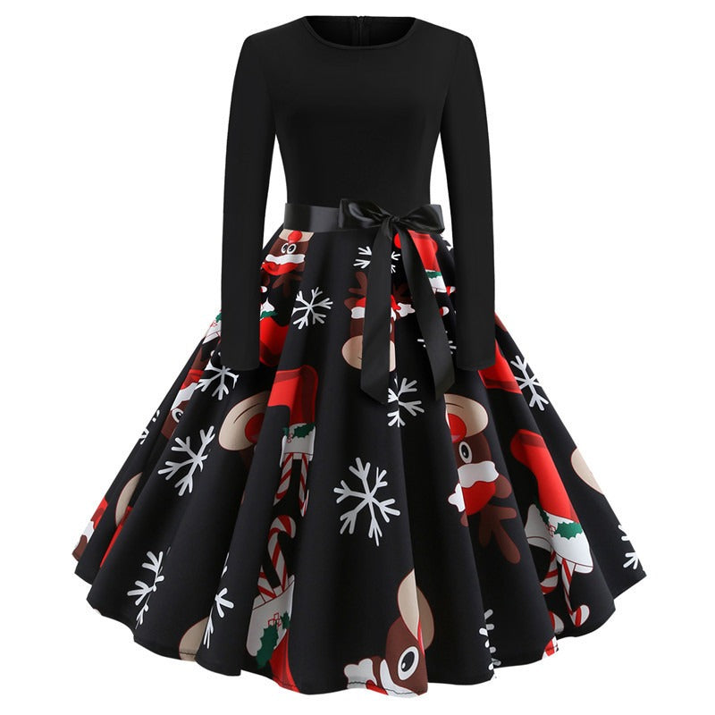 Christmas Vintage Round Neck Print Long Sleeve Swing Dress