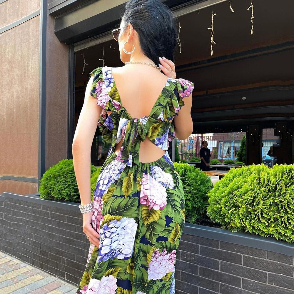 New Spring And Summer Sexy Women Dress Green Flower Dress Sleeveless Backless Dress