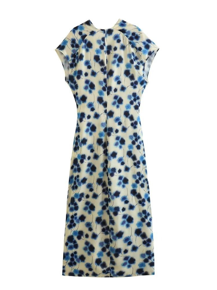 Elegant V neck Short Sleeve Blue Printed Split Dress for Women