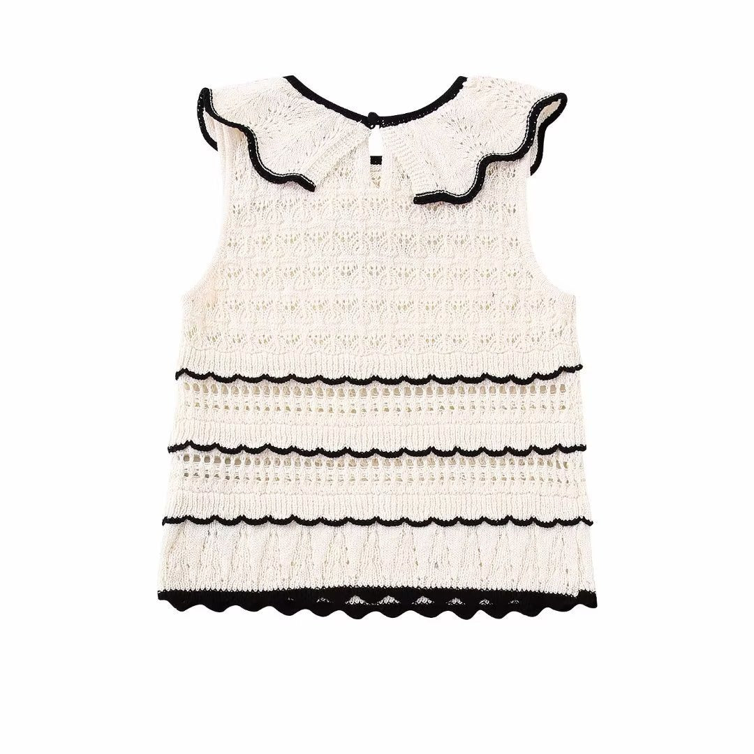 New Fashion Small Fresh Round Neck Sleeveless Lace Ruffle Knitted Top For Women