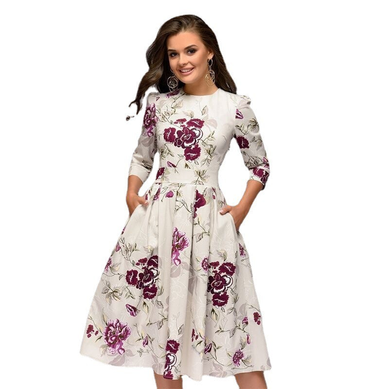 Women's A Line Dress Party Retro Small Fragmented Flowers 7/4 Sleeve Round Neck Dress