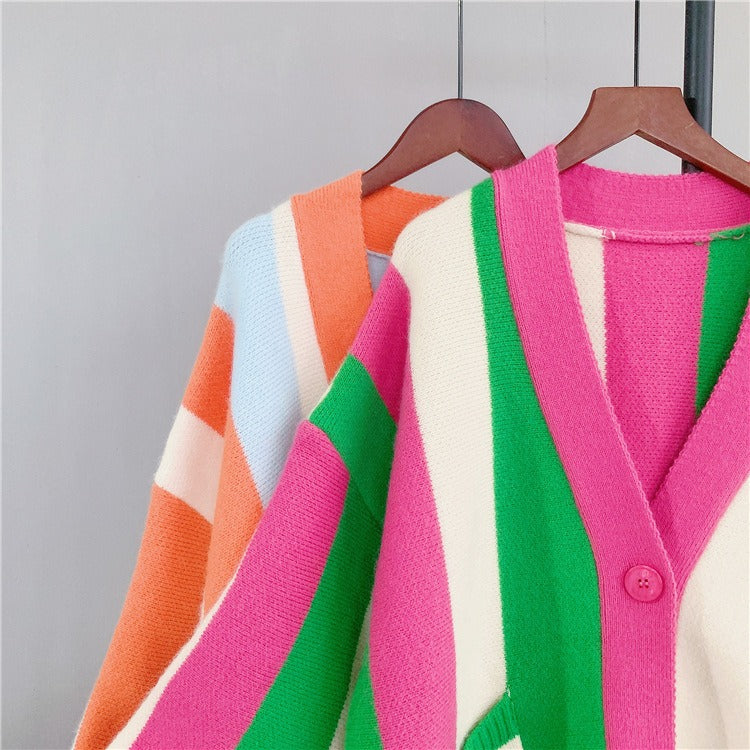 Vertical Stripe Sweater Coat Women's New Korean Version Loose Slouchy Knitted Cardigan