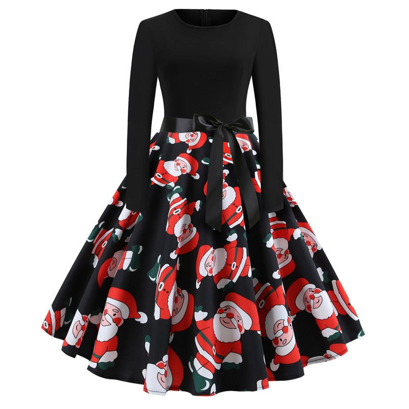 Christmas Vintage Round Neck Print Long Sleeve Swing Dress