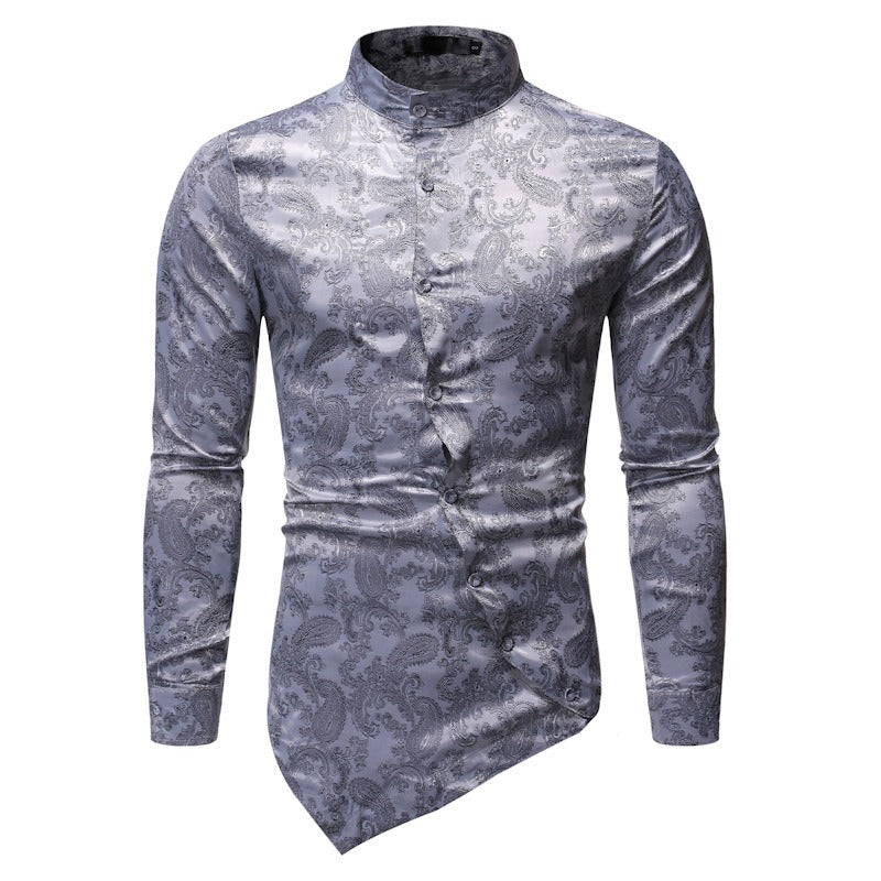 Irregular Hem Design Men's Casual Long Sleeve Dark Textured Shirt