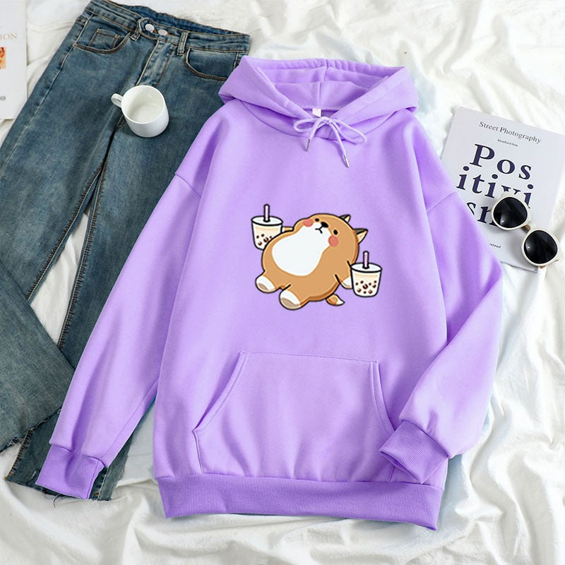 New Loose Women's Clothing Drink Milk Tea Shiba Inu Hooded Sweatshirt Sweatshirt