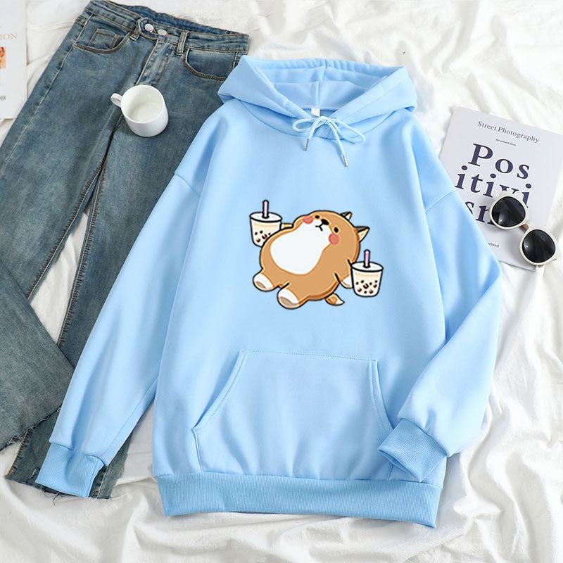 New Loose Women's Clothing Drink Milk Tea Shiba Inu Hooded Sweatshirt Sweatshirt