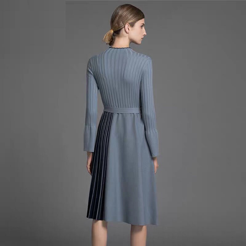 Midi Dress Patchwork Striped Blue Flare Long Sleeve Dresses