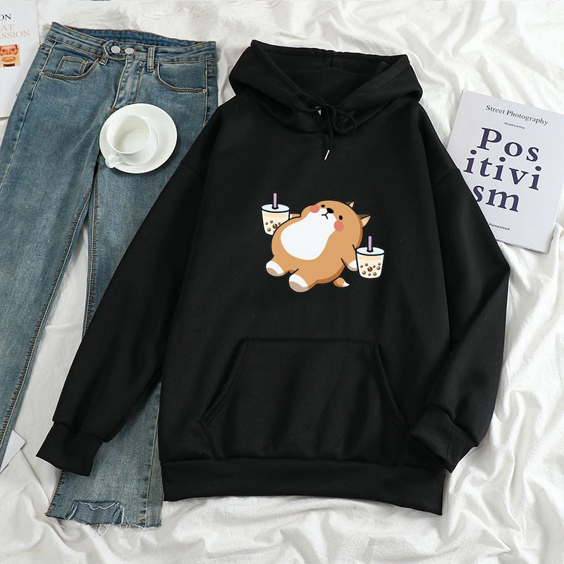 New Loose Women's Clothing Drink Milk Tea Shiba Inu Hooded Sweatshirt Sweatshirt