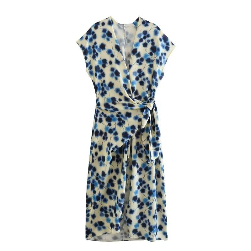 Elegant V neck Short Sleeve Blue Printed Split Dress for Women