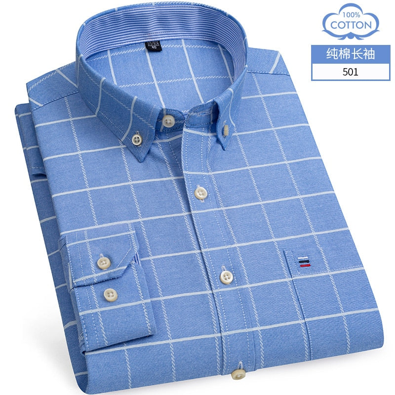 Cotton Oxford Shirt For Mens Long Sleeve Plaid Striped Casual Shirts