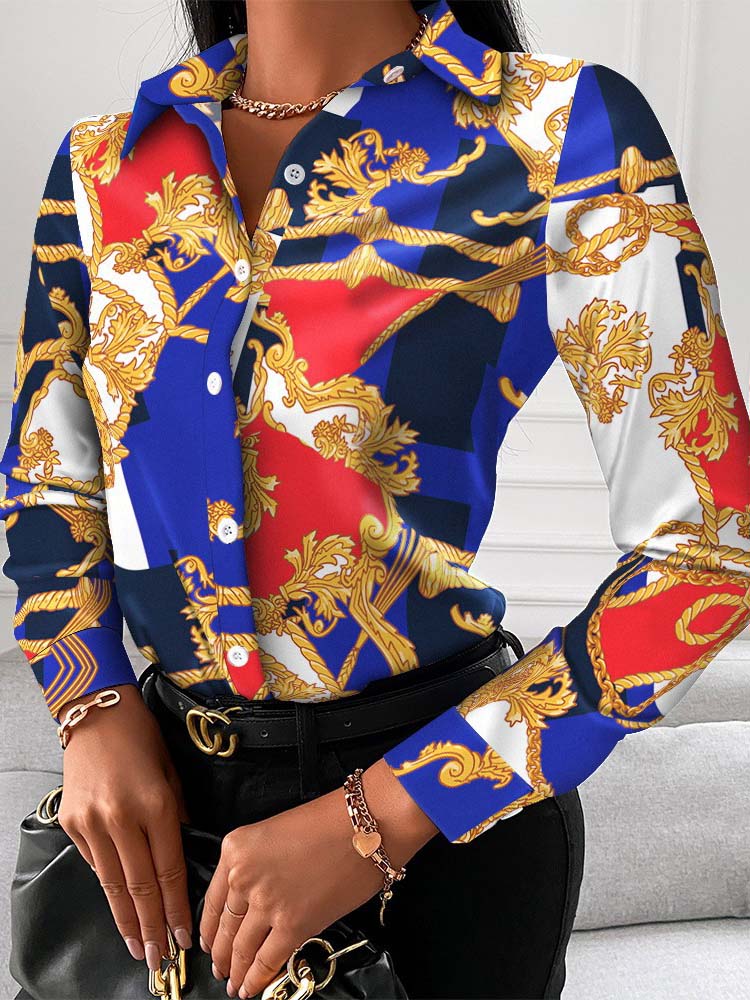 New Chain Print Women Turn down collar Tops And Blouses