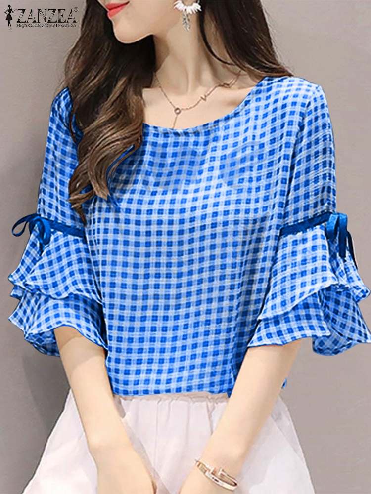 Korean Style Check Tops Women Summer Blouse ZANZEA