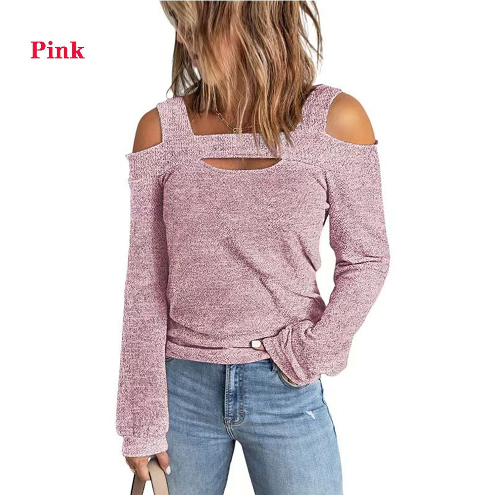 Summer Women Fashion Strapless Loose Solid Color Long Sleeve Blouse