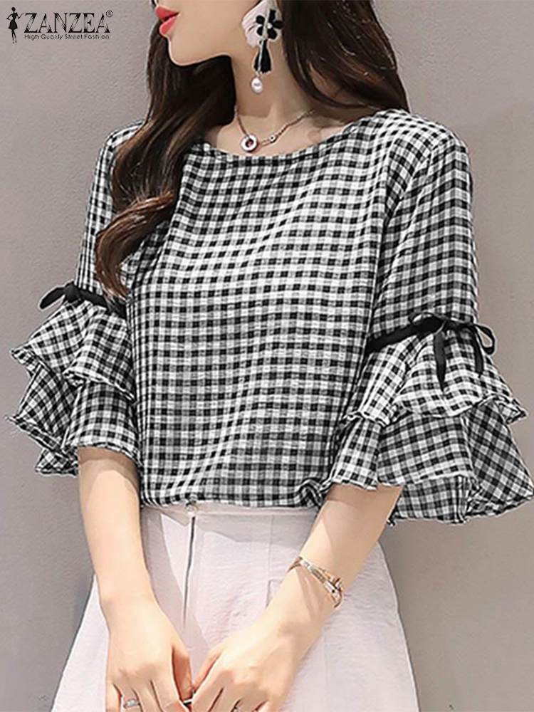 Korean Style Check Tops Women Summer Blouse ZANZEA