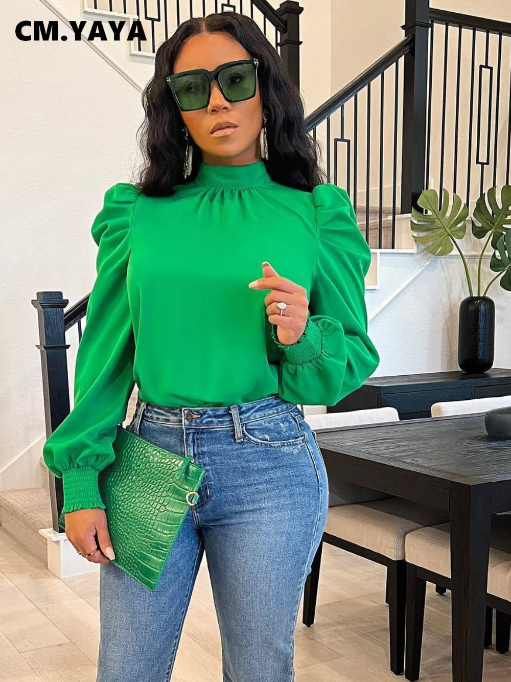 Women Bow Back Stand Neck Puff Long Sleeve Blouses