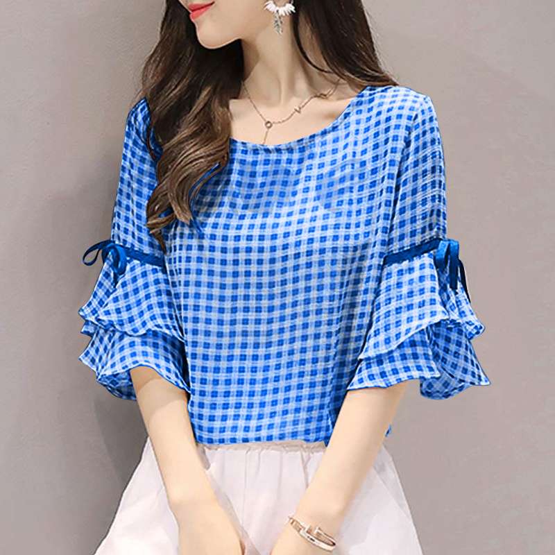 Korean Style Check Tops Women Summer Blouse ZANZEA