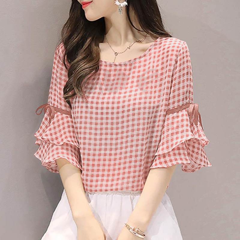 Korean Style Check Tops Women Summer Blouse ZANZEA