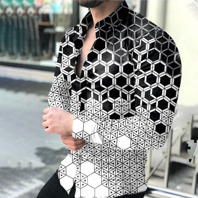 Camisa de vestir de manga larga informal estampada para hombre de otoño 