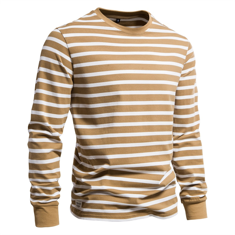 AIOPESON 100% Cotton Long Sleeve T shirts Men Contrast Striped brown