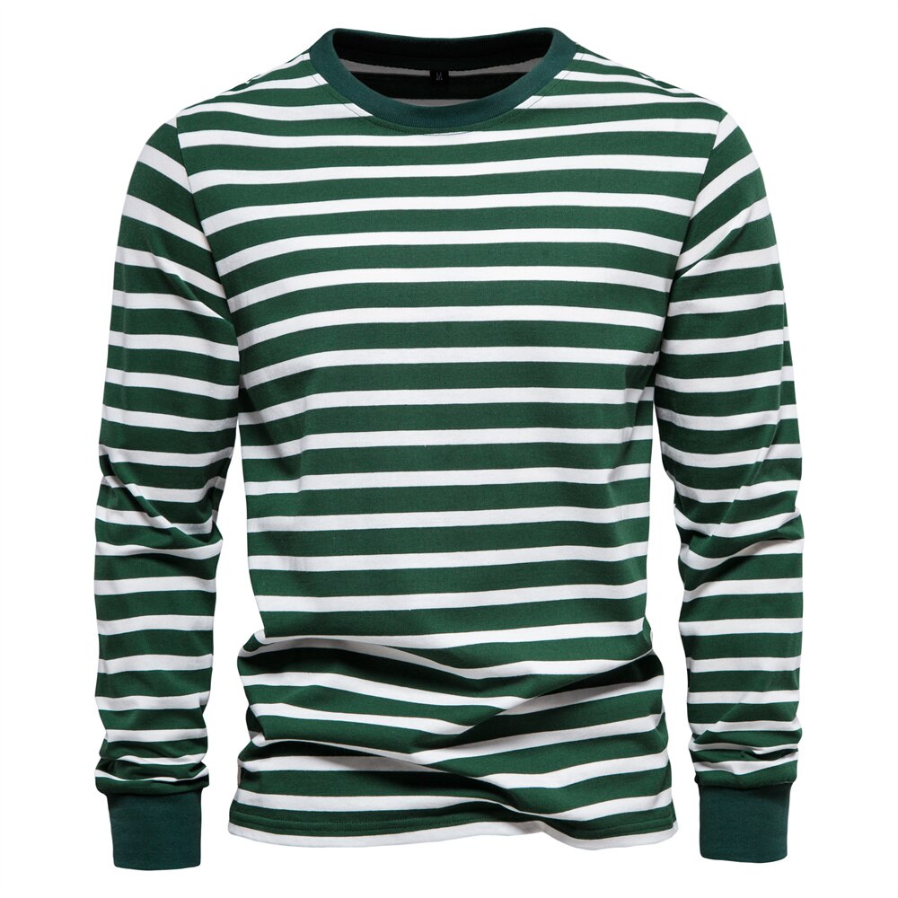 AIOPESON 100% Cotton Long Sleeve T shirts Men Contrast Striped