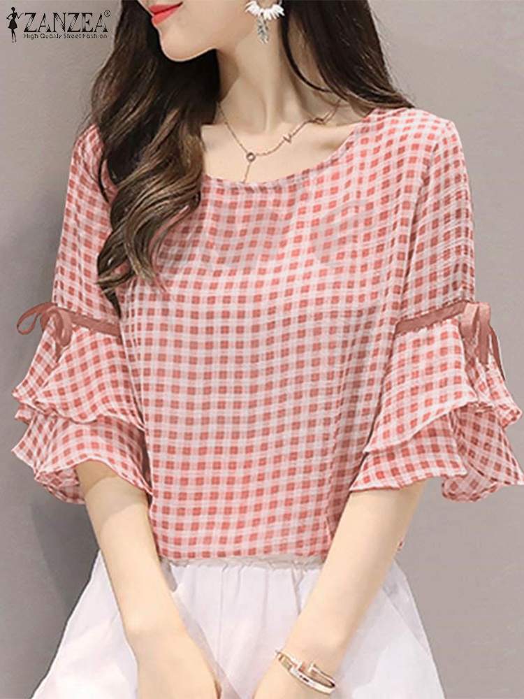 Korean Style Check Tops Women Summer Blouse ZANZEA