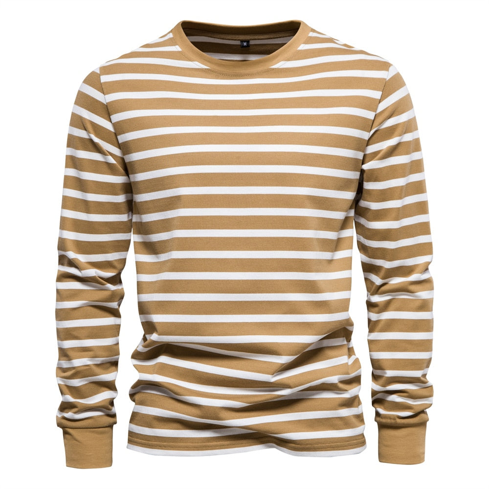 AIOPESON 100% Cotton Long Sleeve T shirts Men Contrast Striped