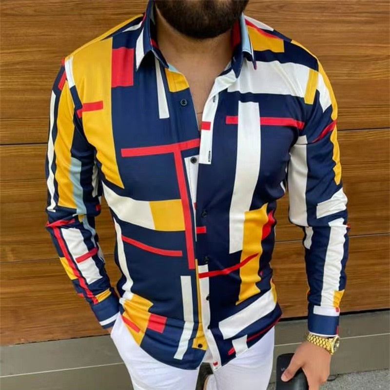 Camisa de vestir de manga larga informal estampada para hombre de otoño 