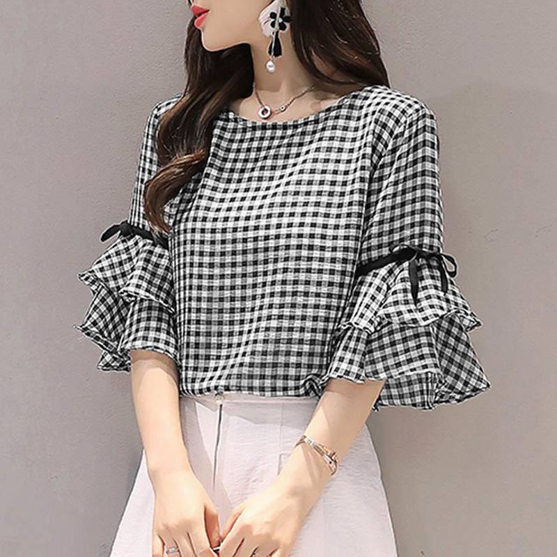 Korean Style Check Tops Women Summer Blouse ZANZEA